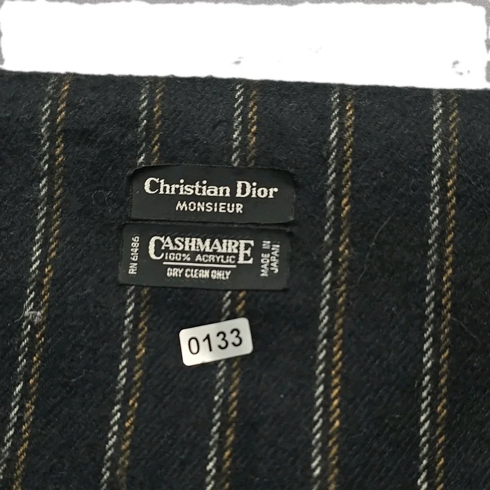 Christian Dior Acrylic Striped Scarf Dark Gray Blue Yellow Fringe RN64886